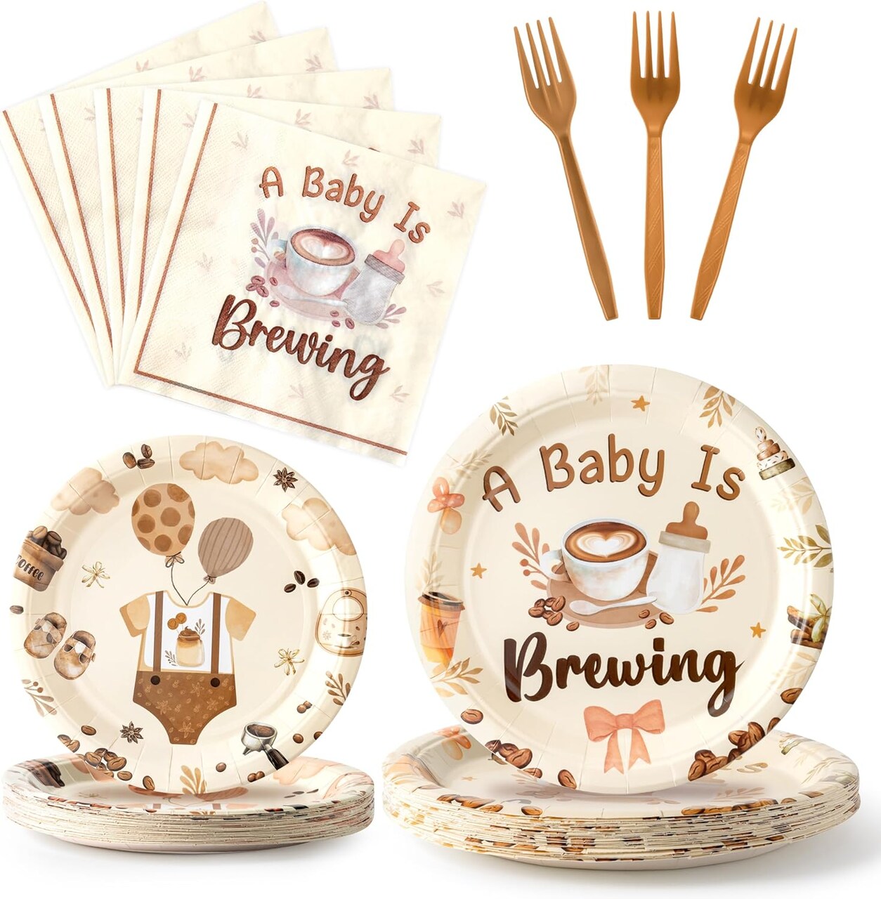 Coffee Baby Shower Tableware - 96PCS A Baby Is Brewing Theme Party Tableware Set Included Paper Plates Napkins and Forks